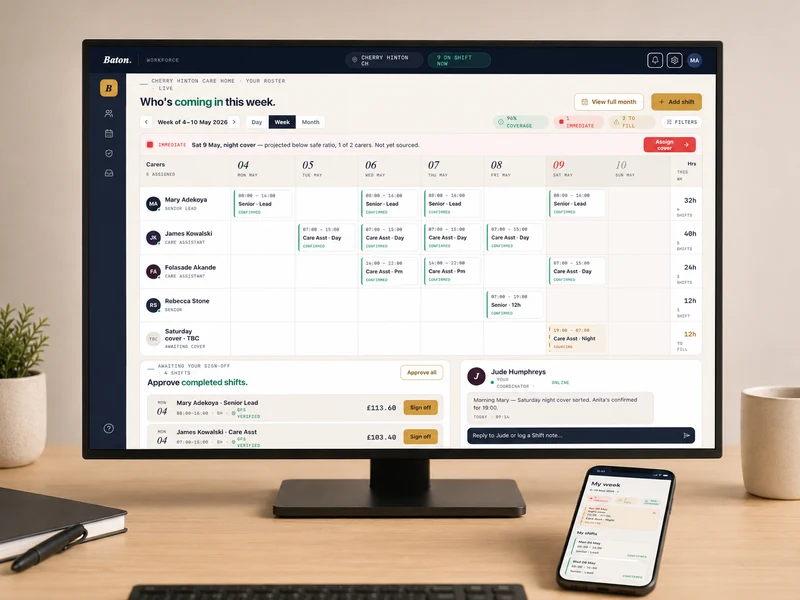 Baton care operating software shown on desktop and mobile